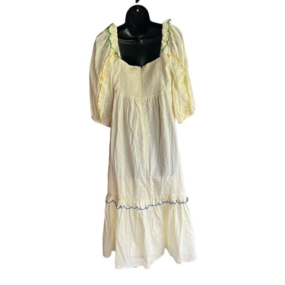 ✅Farm RIO Off-White Textured Puff Sleeve Midi Dress NWT S pleated front ruffle - Picture 10 of 10